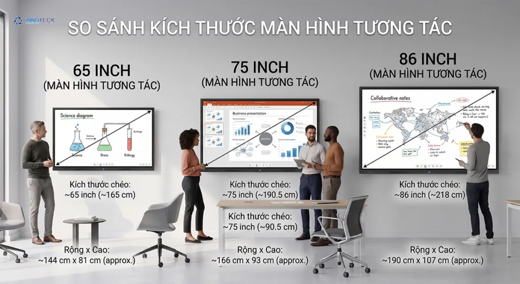 So sánh kích thước màn hình tương tác 65 inch 75 inch và 86 inch